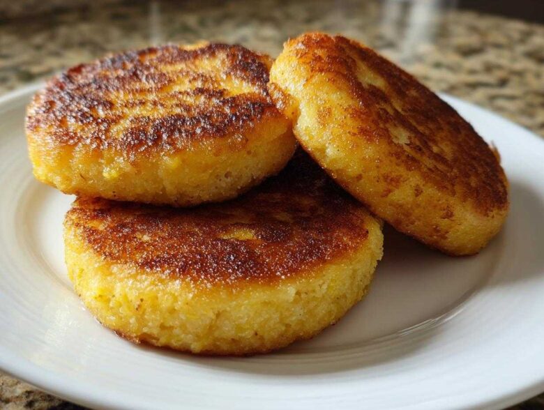 Three golden-brown, round patties of crispy fried cornbread stacked slightly on a white plate.