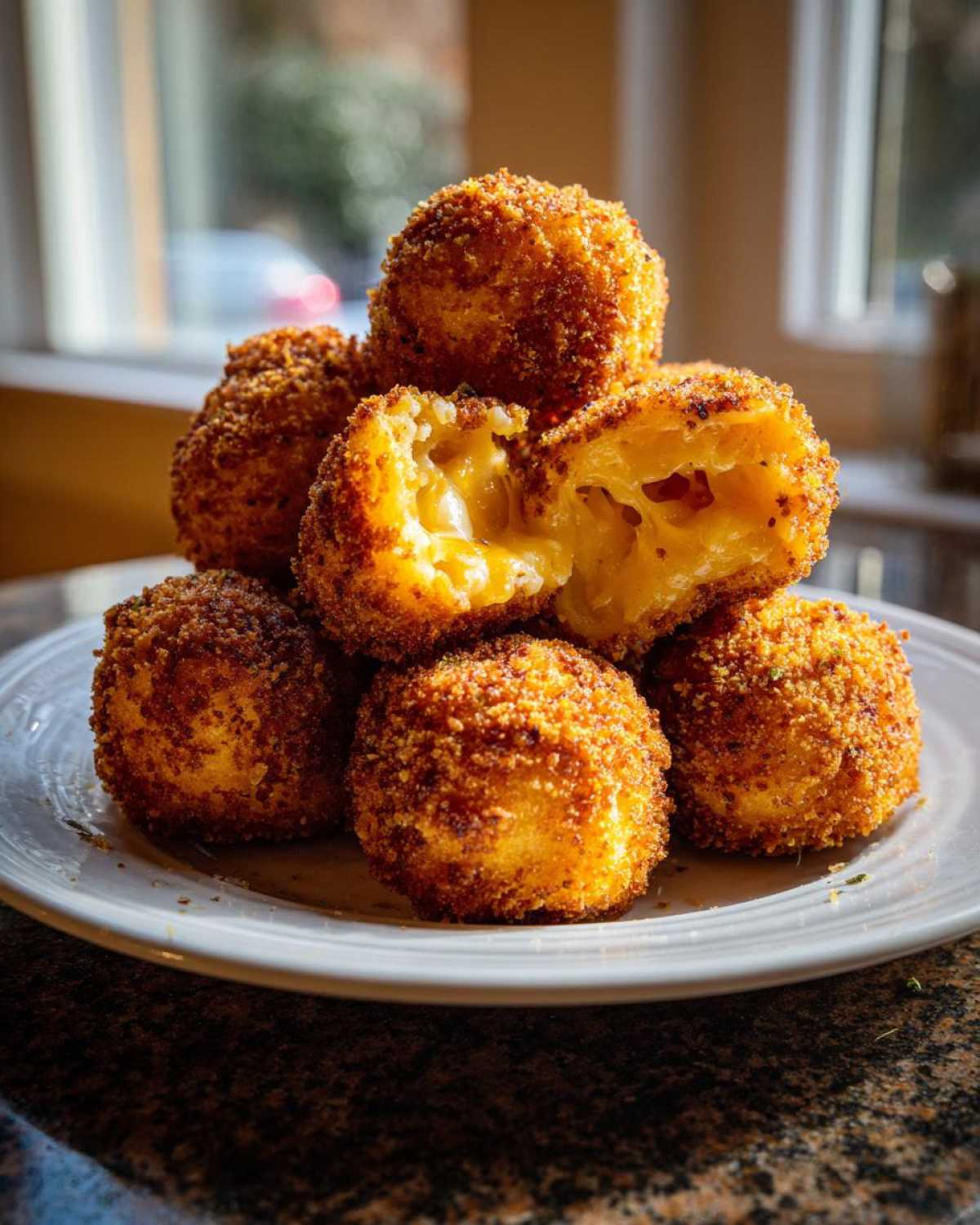 A stack of golden brown, crispy potato croquettes with one cut open revealing a melted cheese center.