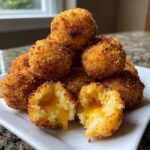 A stack of golden brown, crispy potato croquettes, one cut open revealing a melted cheese center.