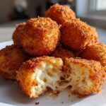 Close-up of crispy, golden brown potato croquettes, one broken open revealing a melted, stringy cheese filling.