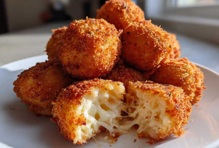 Close-up of crispy, golden brown potato croquettes, one broken open revealing a melted, stringy cheese filling.