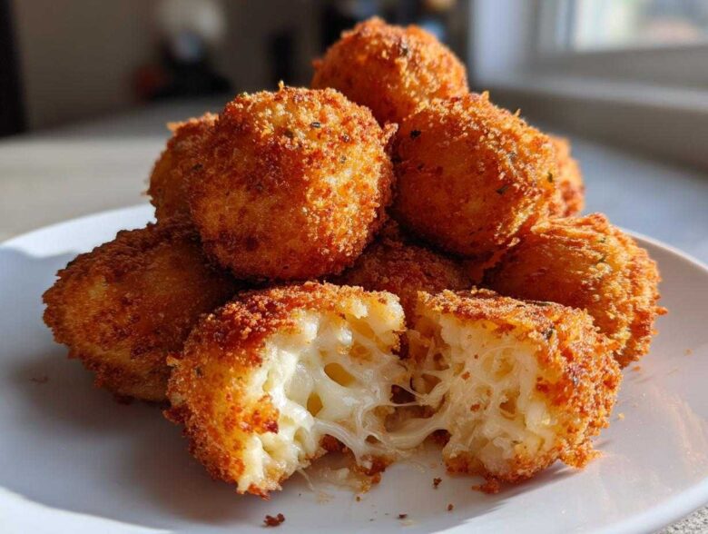 Close-up of crispy, golden brown potato croquettes, one broken open revealing a melted, stringy cheese filling.