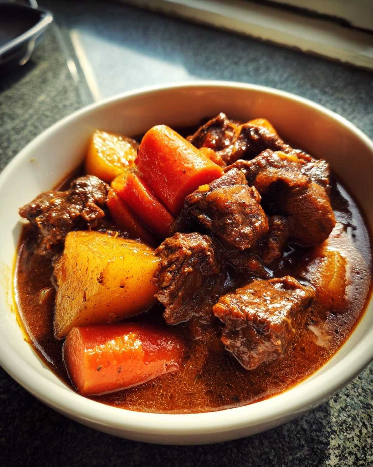 Close-up of a white bowl filled with rich, dark brown crockpot beef stew featuring tender beef chunks, carrots, and potatoes.