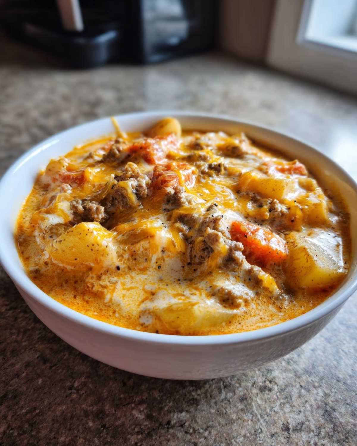 A close-up of a hearty bowl of crockpot cheeseburger soup, featuring ground beef, potatoes, and melted cheddar cheese.