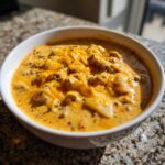 A close-up of a white bowl filled with rich, creamy crockpot cheeseburger soup, topped generously with melted shredded cheddar cheese.