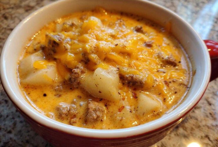 Close-up of a hearty bowl of crockpot cheeseburger soup, featuring chunks of potato, ground beef, and melted cheddar cheese.