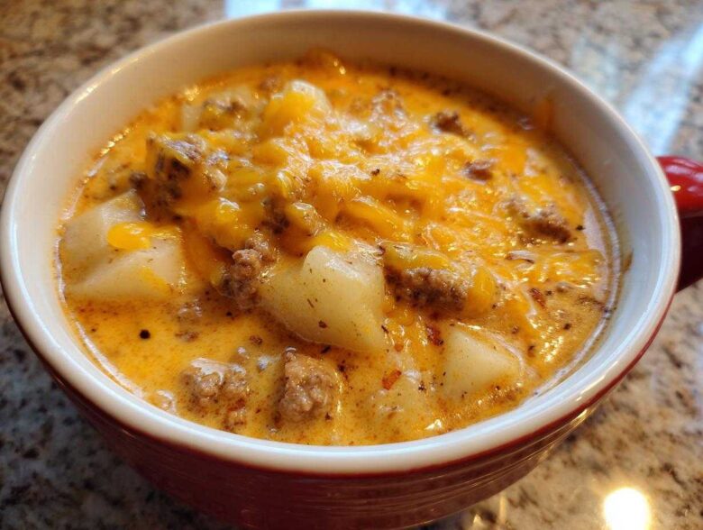 Close-up of a hearty bowl of crockpot cheeseburger soup, featuring chunks of potato, ground beef, and melted cheddar cheese.