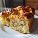 A close-up of a golden-brown slice of Croissant Breakfast Casserole served on a white plate.
