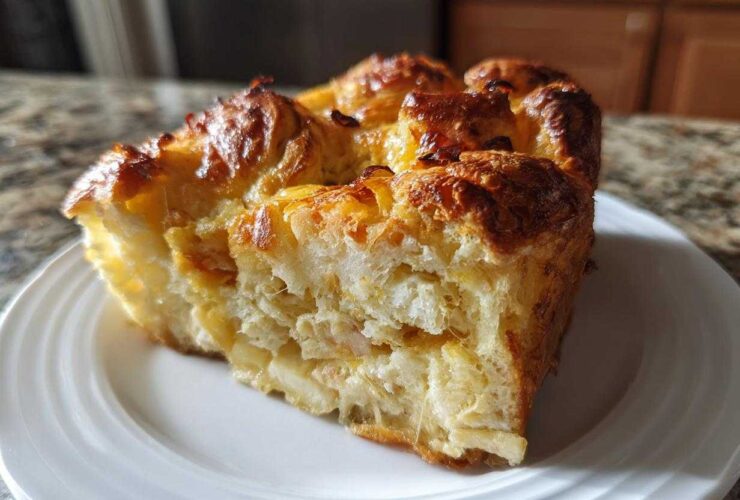 A close-up of a golden-brown slice of Croissant Breakfast Casserole served on a white plate.