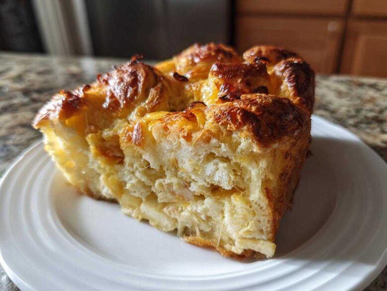 A close-up of a golden-brown slice of Croissant Breakfast Casserole served on a white plate.