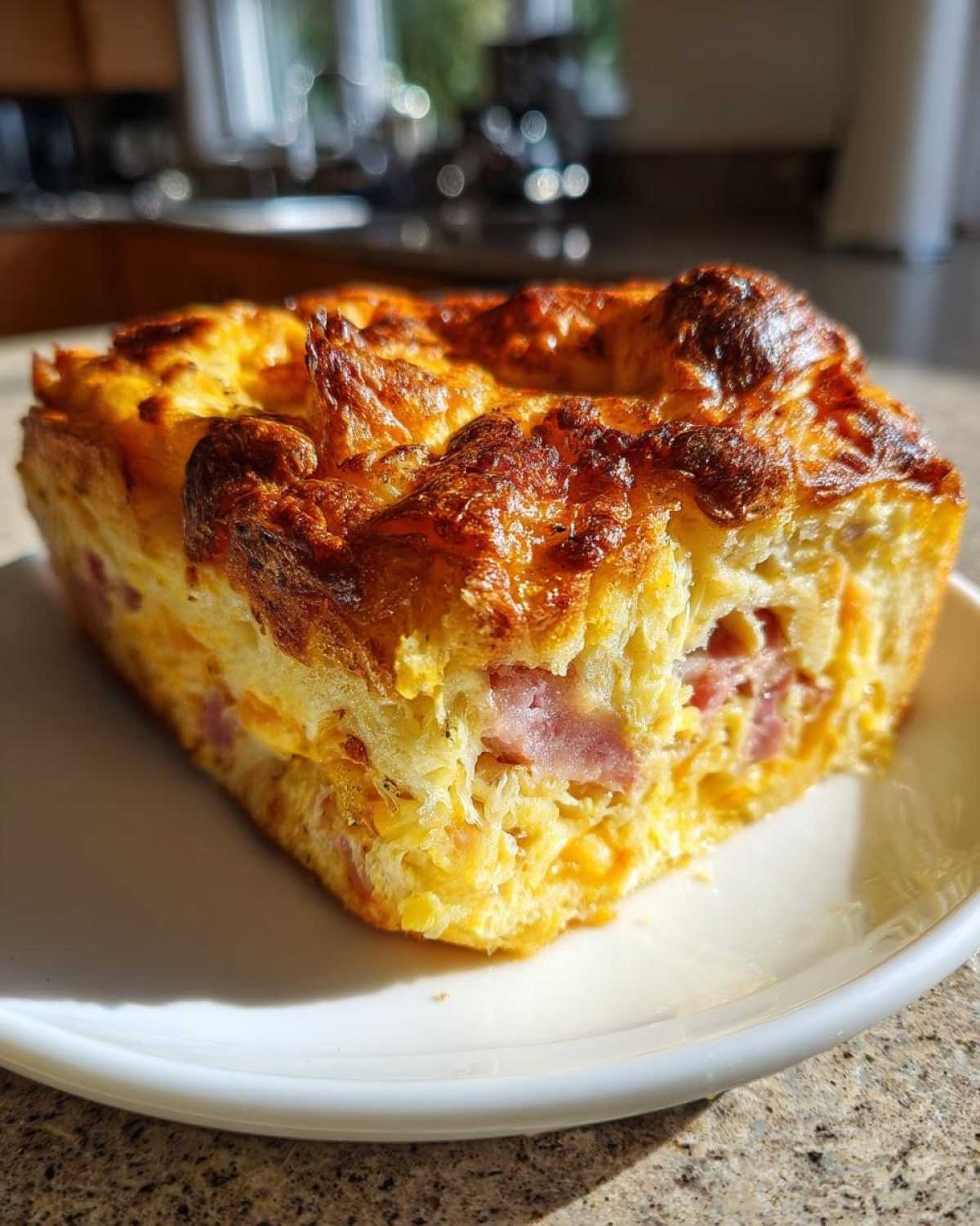 A close-up of a golden-brown slice of Croissant Breakfast Casserole showing layers of egg, cheese, and ham.