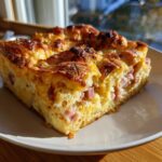 A hearty slice of golden-brown Croissant Breakfast Casserole featuring visible chunks of ham and melted cheese.