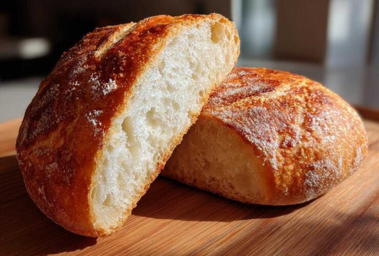 Close-up of a rustic loaf cut in half, showing the airy interior perfect for bread bowls.