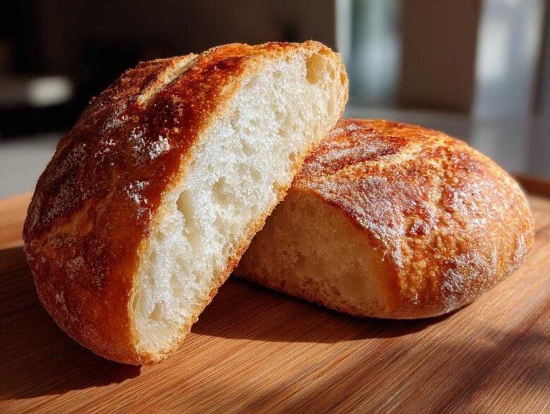 Close-up of a rustic loaf cut in half, showing the airy interior perfect for bread bowls.