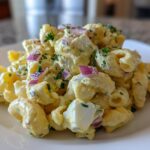 A close-up serving of creamy deviled egg pasta salad featuring elbow macaroni, chopped egg whites, and red onion.