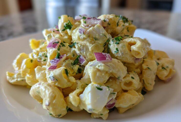 A close-up serving of creamy deviled egg pasta salad featuring elbow macaroni, chopped egg whites, and red onion.