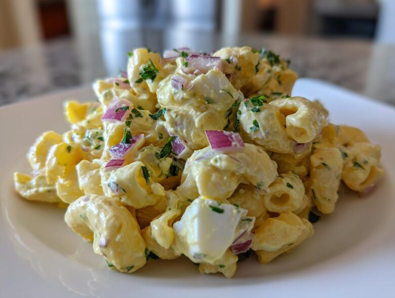 A close-up serving of creamy deviled egg pasta salad featuring elbow macaroni, chopped egg whites, and red onion.