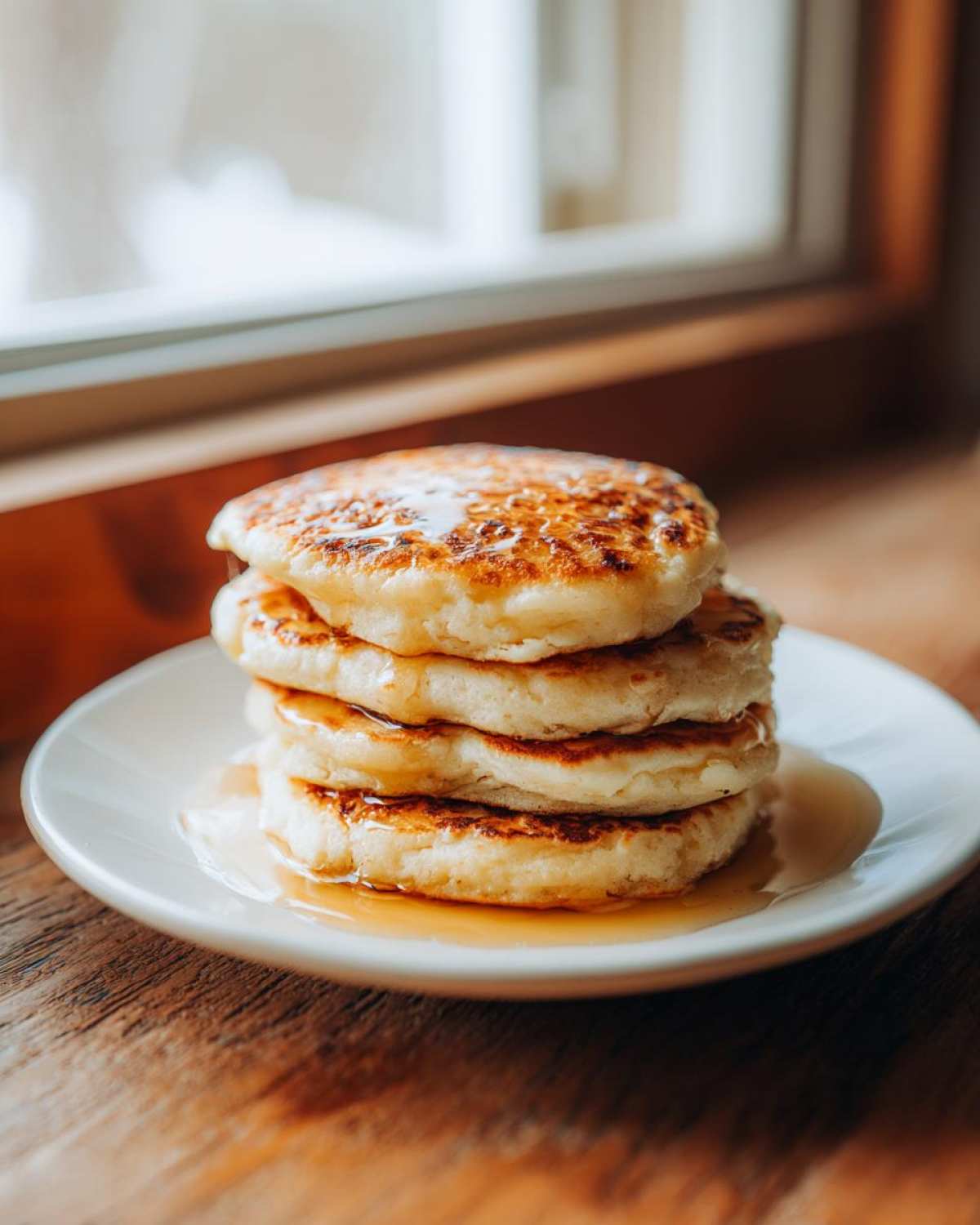 A stack of four fluffy discard pancakes drizzled with maple syrup on a white plate.