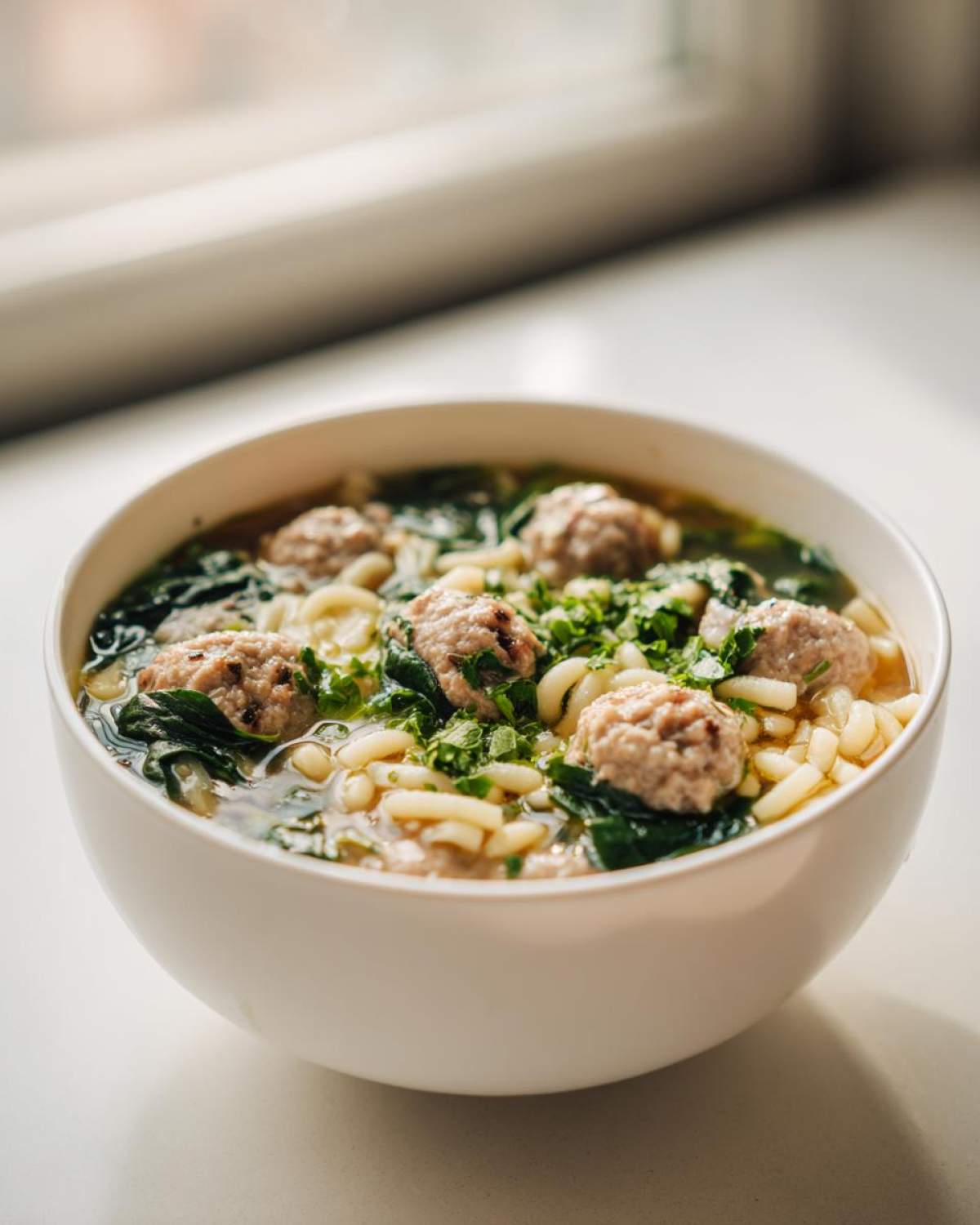 A close-up of a white bowl filled with easy wedding soup, featuring small meatballs, pasta, and greens.