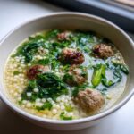 A close-up view of a bowl filled with Italian wedding soup, featuring small meatballs, acini di pepe pasta, and wilted greens.