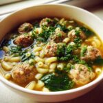 A close-up view of a white bowl filled with hot wedding soup, featuring small meatballs, ditalini pasta, spinach, and fresh parsley.
