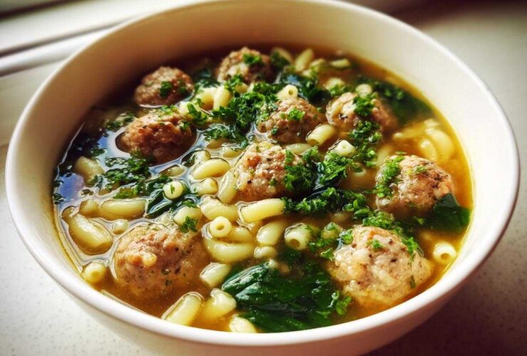 A close-up view of a white bowl filled with hot wedding soup, featuring small meatballs, ditalini pasta, spinach, and fresh parsley.