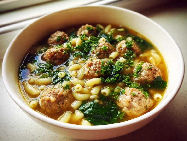 A close-up view of a white bowl filled with hot wedding soup, featuring small meatballs, ditalini pasta, spinach, and fresh parsley.
