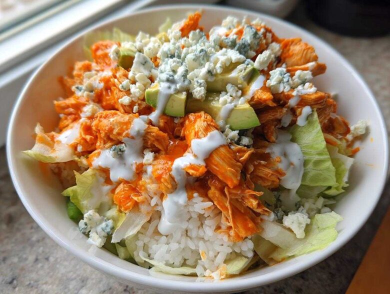 A close-up of a white bowl filled with a buffalo chicken bowl featuring shredded orange buffalo chicken, white rice, lettuce, avocado, and blue cheese crumbles.