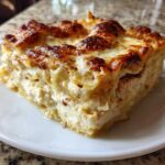 A thick, golden-brown slice of creamy white chicken lasagna resting on a white plate.