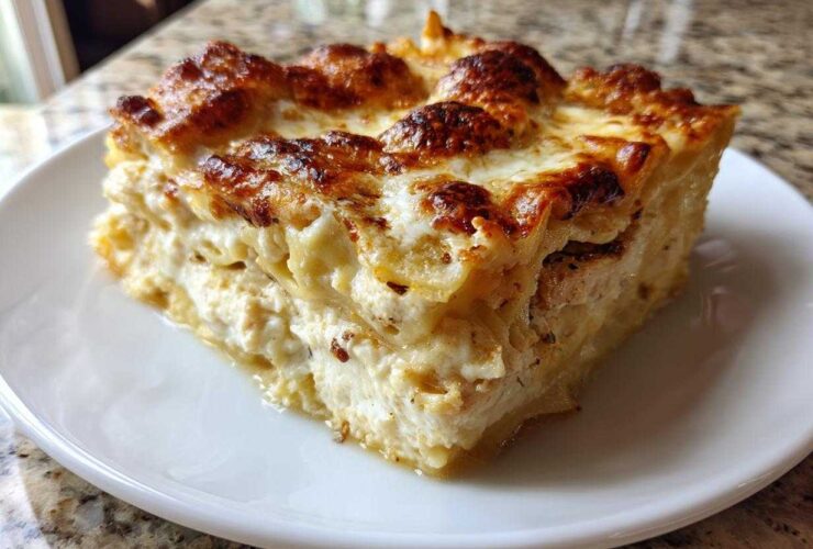 A thick, golden-brown slice of creamy white chicken lasagna resting on a white plate.