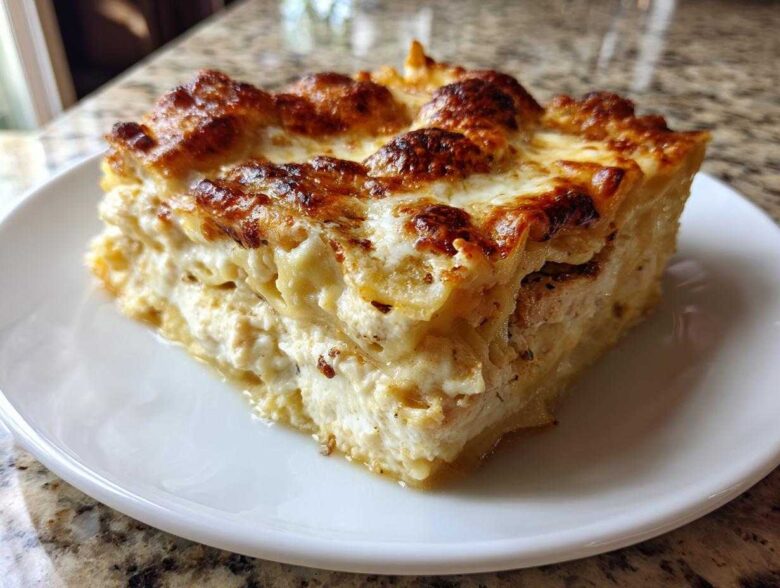 A thick, golden-brown slice of creamy white chicken lasagna resting on a white plate.