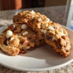 A close-up of two amazing kitchen sink cookies on a white plate, one broken open showing melted chocolate and white chips.