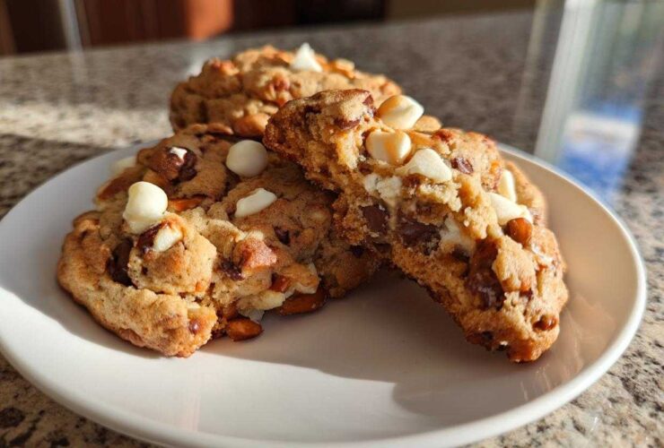 A close-up of two amazing kitchen sink cookies on a white plate, one broken open showing melted chocolate and white chips.