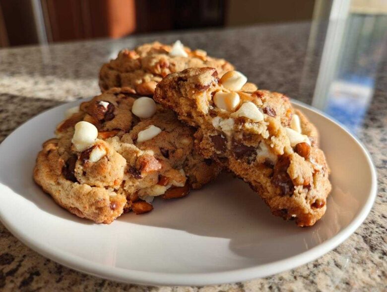 A close-up of two amazing kitchen sink cookies on a white plate, one broken open showing melted chocolate and white chips.