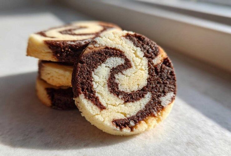 A stack of three delicious pinwheel cookies, with one cookie prominently displayed showing its beautiful chocolate and vanilla swirl pattern.