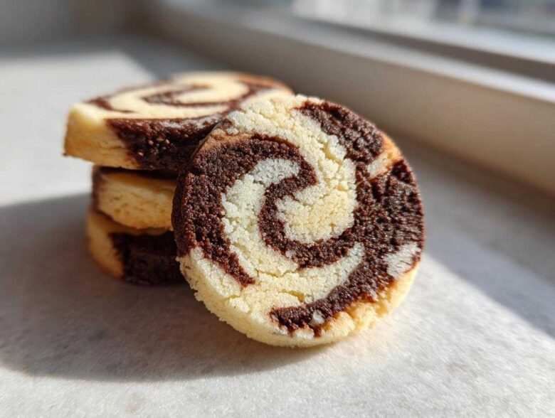 A stack of three delicious pinwheel cookies, with one cookie prominently displayed showing its beautiful chocolate and vanilla swirl pattern.