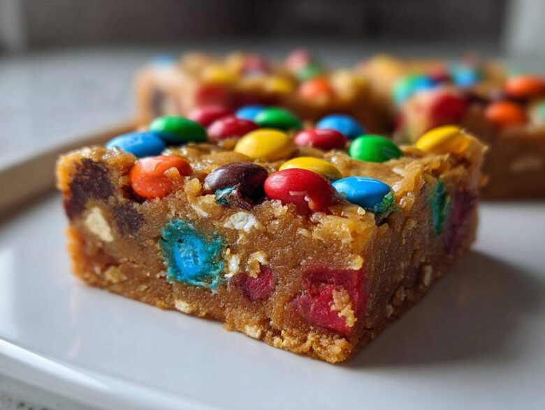 A close-up of a thick, chewy square of christmas cookie bars topped with colorful candy-coated chocolates.