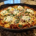 Close-up of a bubbling skillet lasagna topped with dollops of ricotta, melted mozzarella, and fresh parsley.
