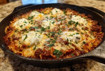 Close-up of a bubbling skillet lasagna topped with dollops of ricotta, melted mozzarella, and fresh parsley.