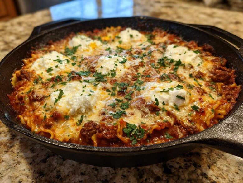 Close-up of a bubbling skillet lasagna topped with dollops of ricotta, melted mozzarella, and fresh parsley.