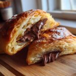 Close-up of a flaky, golden brown chocolate croissant cut in half, revealing melted chocolate filling oozing out.