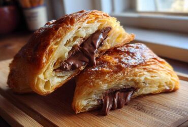 Close-up of a flaky, golden brown chocolate croissant cut in half, revealing melted chocolate filling oozing out.