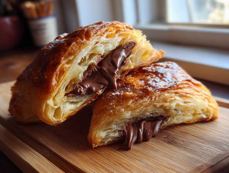 Close-up of a flaky, golden brown chocolate croissant cut in half, revealing melted chocolate filling oozing out.