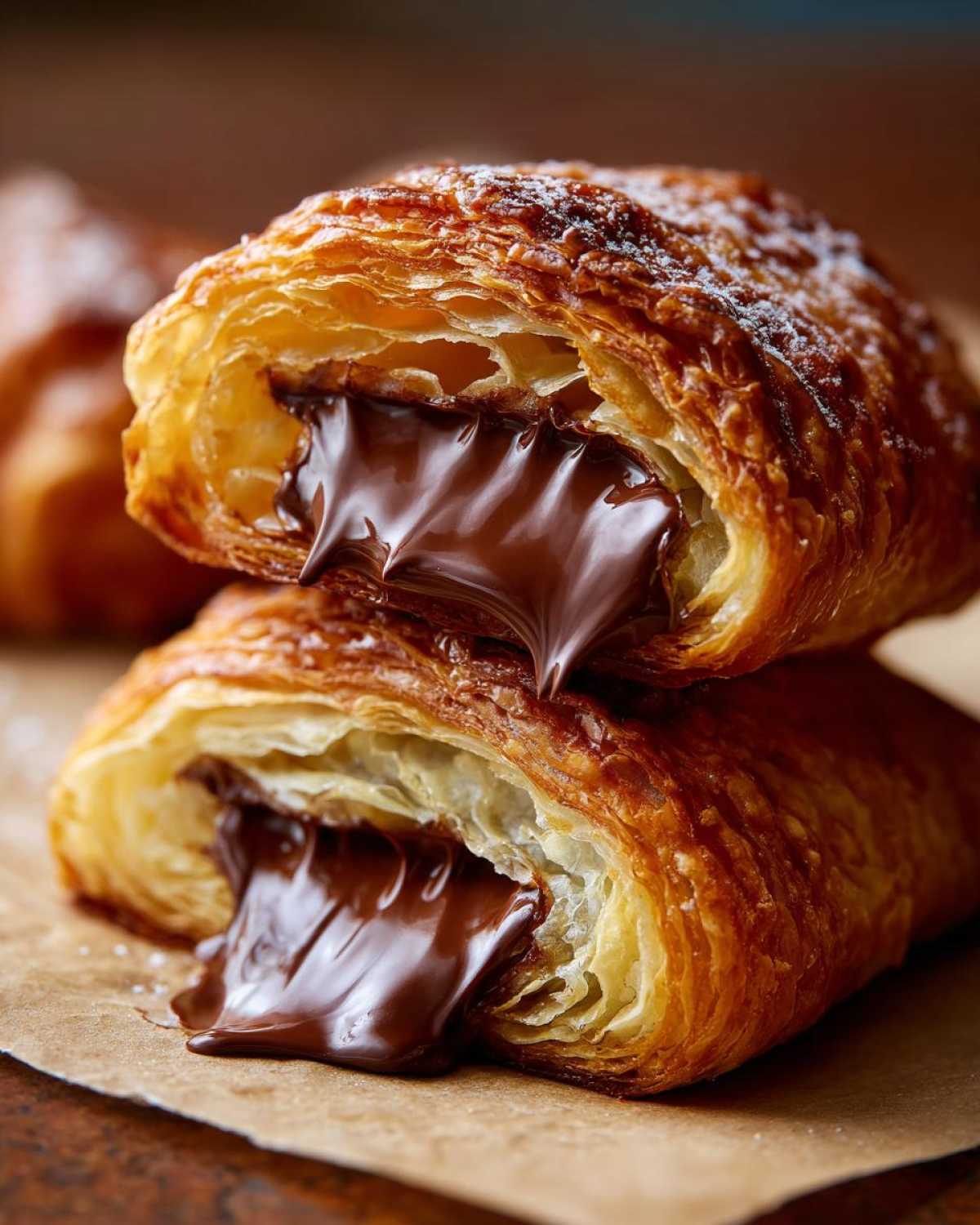 Two halves of a flaky chocolate croissant stacked, showing gooey melted chocolate oozing out.