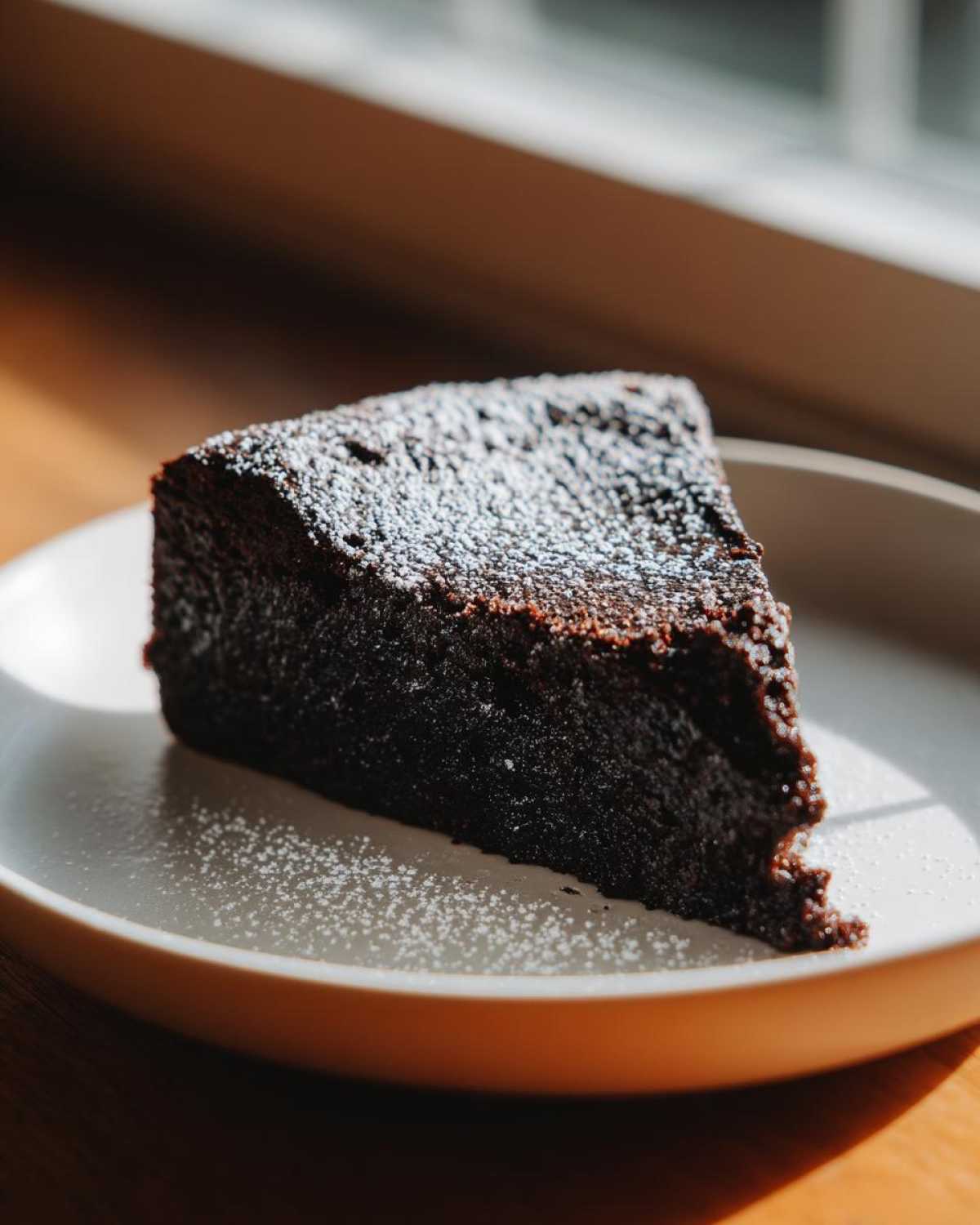 A dark, rich slice of flourless chocolate torte dusted with powdered sugar, served on a light plate.
