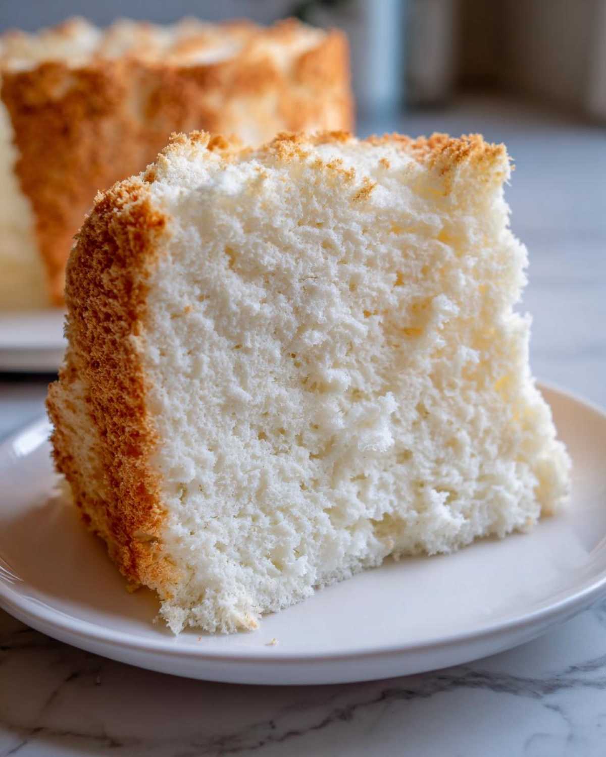 A close-up view of a perfectly baked slice of angel food cake showing its airy, white interior and golden crust.
