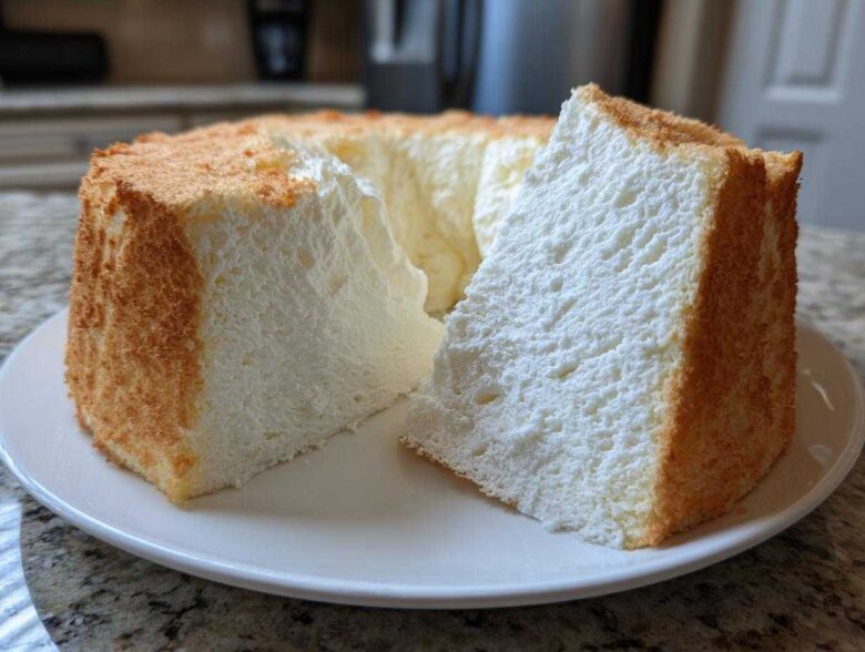 A tall, fluffy slice of angel food cake with a golden crust sitting next to the rest of the cake on a white plate.