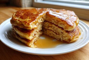 A stack of three fluffy discard pancakes, cut open to show the texture, generously covered in maple syrup.