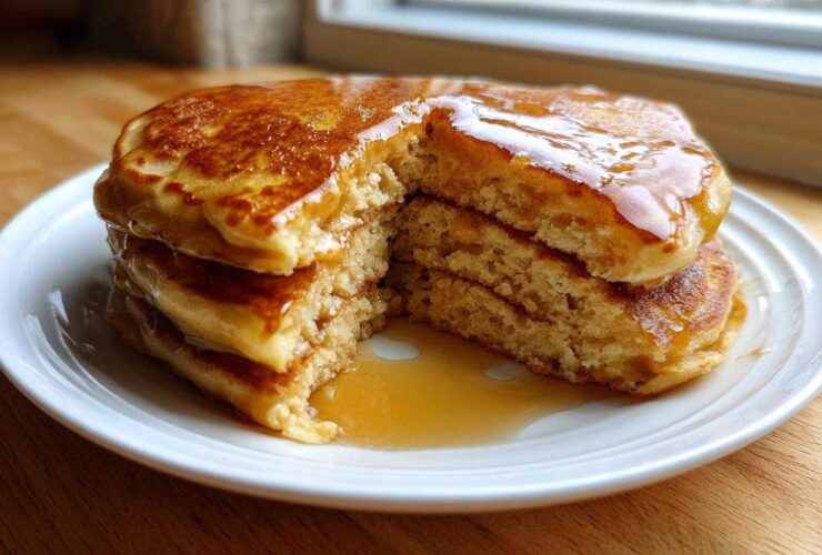 A stack of three fluffy discard pancakes, cut open to show the texture, generously covered in maple syrup.