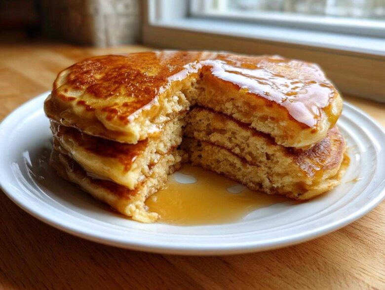 A stack of three fluffy discard pancakes, cut open to show the texture, generously covered in maple syrup.